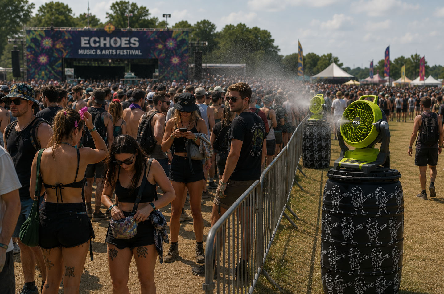 crowd queuing for festival event near green branded misting stations